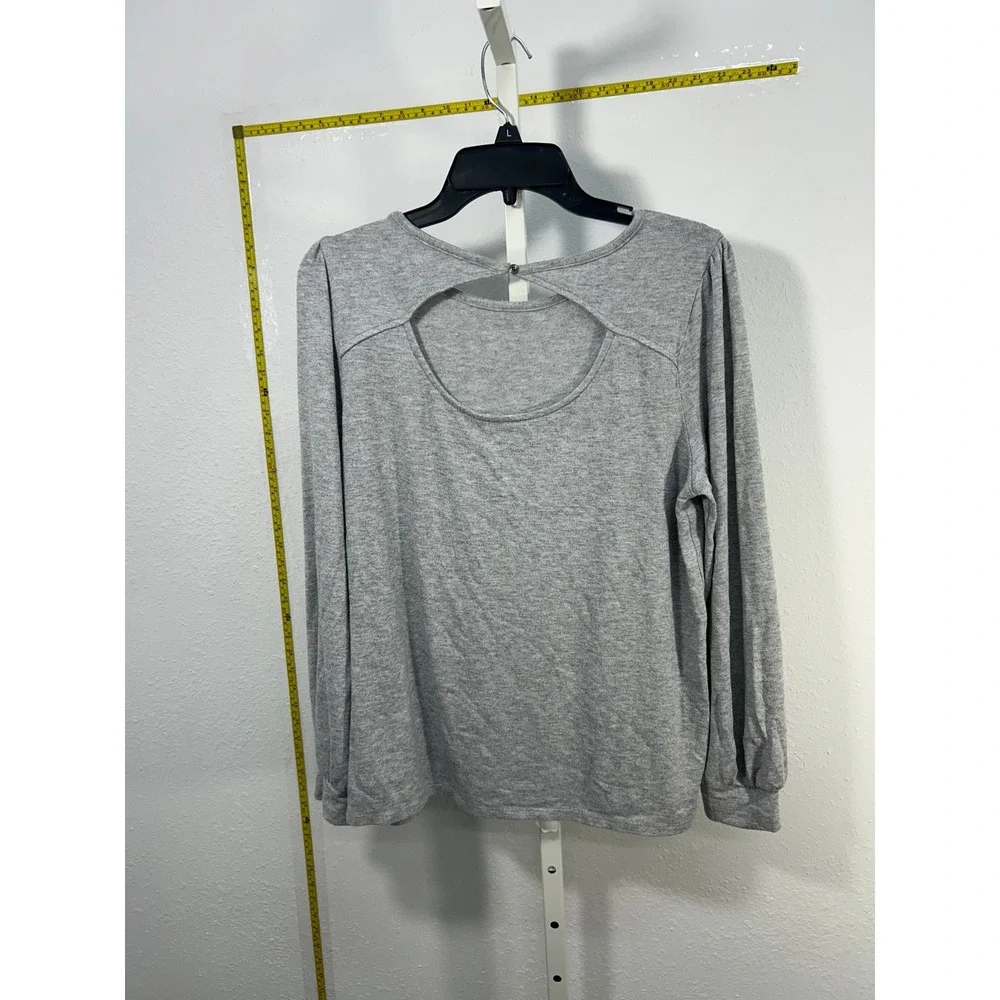 LOFT Womens Heather Gray Long Sleeve Cutout Back Knit Top Size L Puff Shoulder